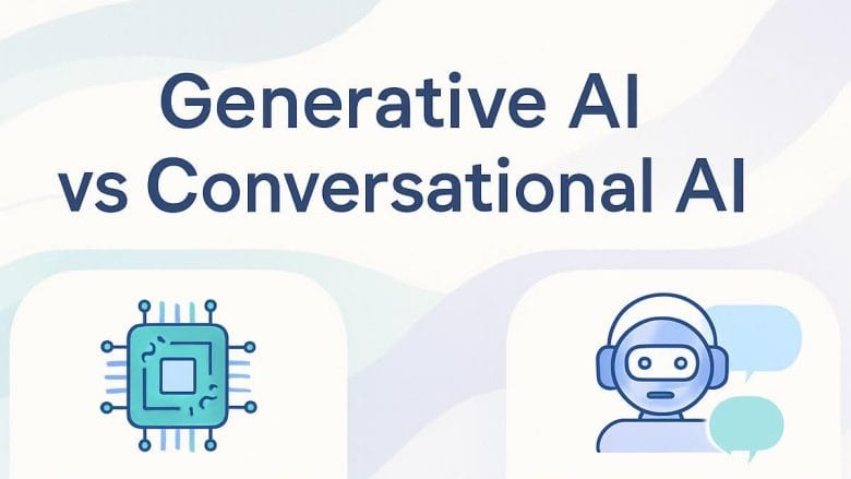 Text Generative AI vs Conversational AI with a chip icon and a robot head with speech bubbles on a light background.