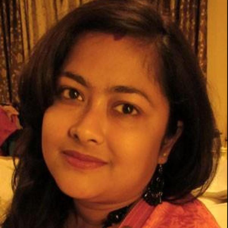 Ranjana Banerjee with long dark hair and earrings looks at the camera, with curtains and a lit room in the background. Ranjana Banerjee with long dark hair and earrings looks at the camera, with curtains and a lit room in the background.