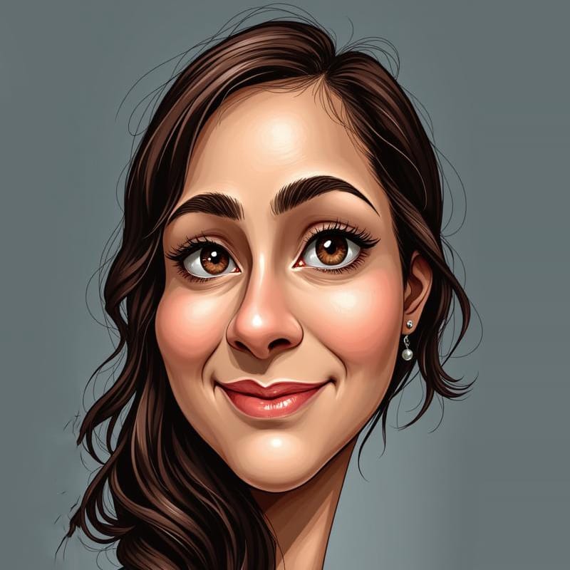 A digital illustration of Ranjana Banerjee with brown hair, large brown eyes, and a slight smile, set against a gray background.