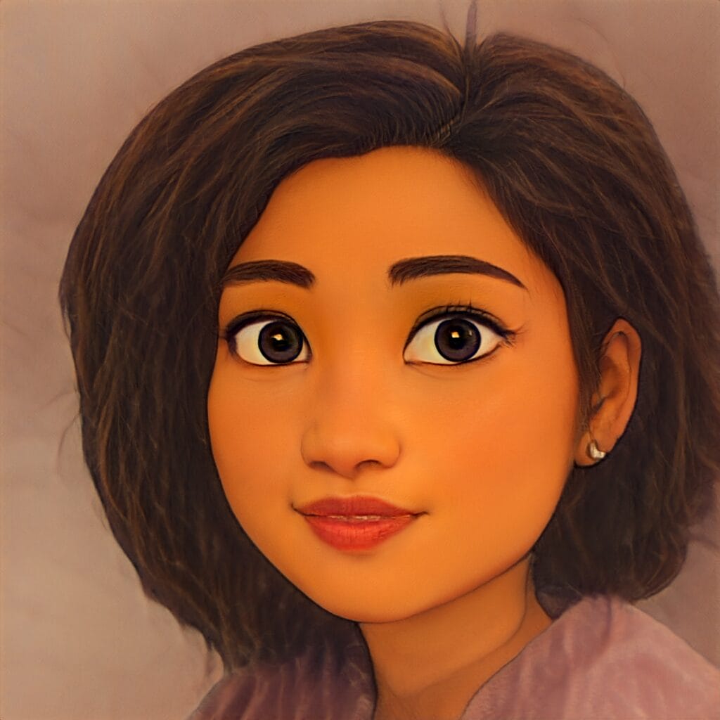 Ranjana Banerjee An illustration of Ranjana Banerjee with short brown hair, large eyes, and a neutral expression, wearing a light top and earrings.