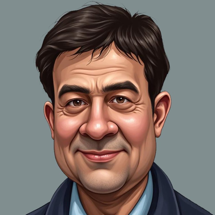 A digital illustration of Souvik Banerjee with dark hair, wearing a collared shirt and jacket, smiling at the viewer.