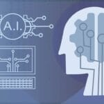 A digital illustration of a human head with circuitry, a computer, and A.I. text, representing artificial intelligence concepts.