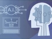 A digital illustration of a human head with circuitry, a computer, and A.I. text, representing artificial intelligence concepts.