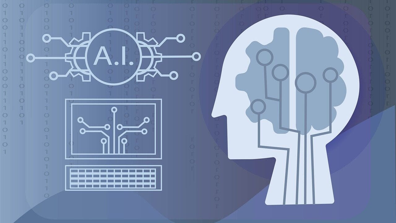A digital illustration of a human head with circuitry, a computer, and A.I. text, representing artificial intelligence concepts.