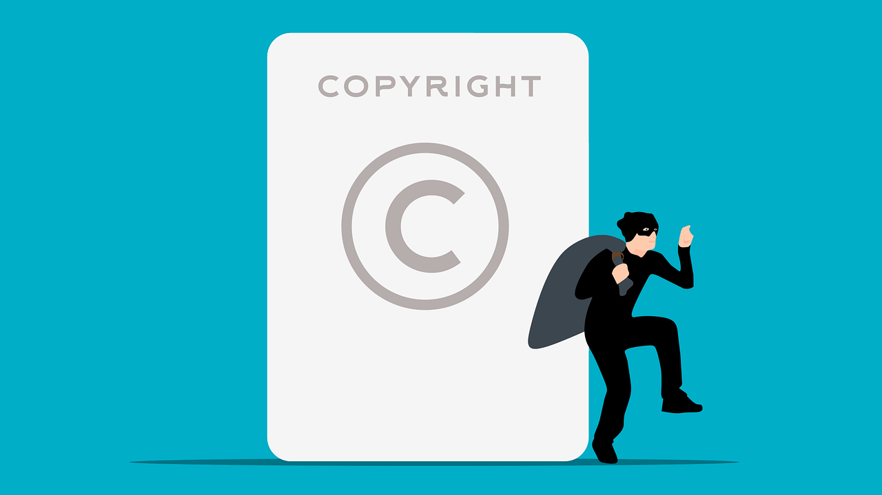 Illustration of a person with a sack sneaking beside a large copyright symbol, suggesting copyright infringement or theft.