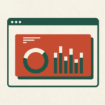 Illustration of a web browser window displaying a pie chart and a bar graph on a red background.