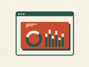 Illustration of a web browser window displaying a pie chart and a bar graph on a red background.