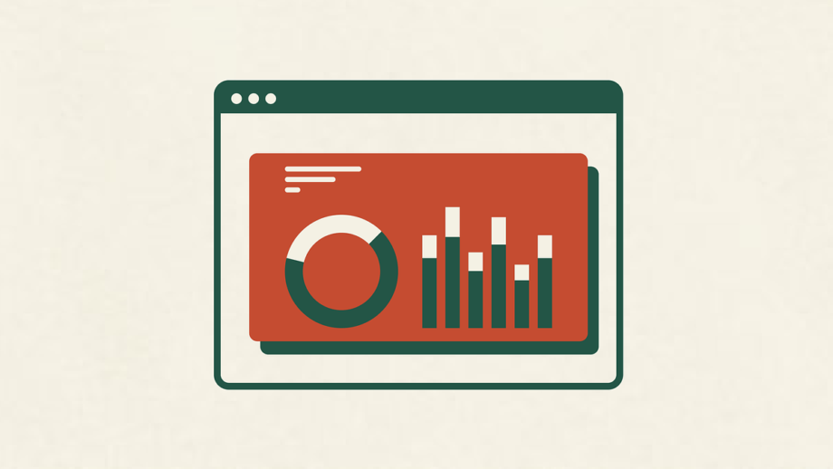 Illustration of a web browser window displaying a pie chart and a bar graph on a red background.