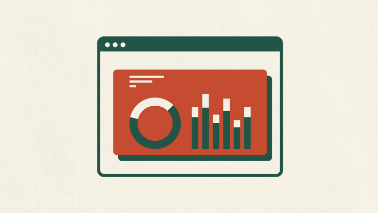 Illustration of a web browser window displaying a pie chart and a bar graph on a red background.