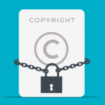 A copyright symbol on a card is wrapped with a chain and secured with a padlock, representing copyright protection.