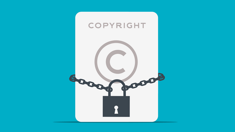 A copyright symbol on a card is wrapped with a chain and secured with a padlock, representing copyright protection.