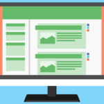 A flat illustration of a computer monitor displaying a website layout with green sections and image placeholders on a blue background.