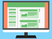 A flat illustration of a computer monitor displaying a website layout with green sections and image placeholders on a blue background.