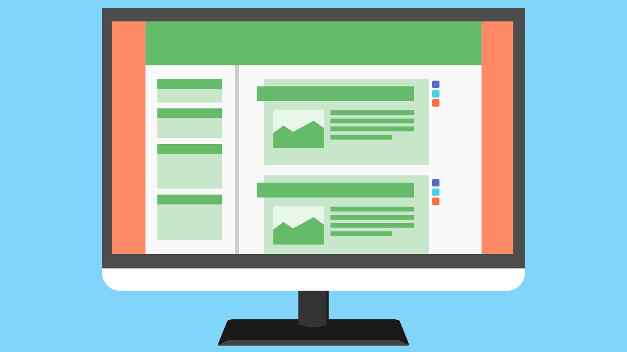 A flat illustration of a computer monitor displaying a website layout with green sections and image placeholders on a blue background.
