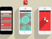 Three smartphones display different screens of a red and white medication reminder app, featuring notifications and a timer.