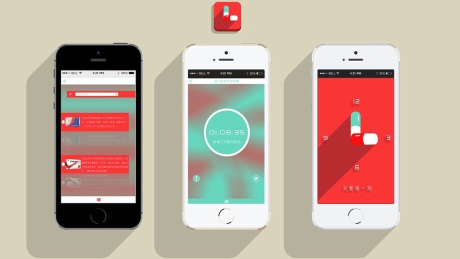 Three smartphones display different screens of a red and white medication reminder app, featuring notifications and a timer.