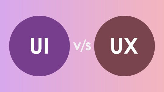 Two circles labeled UI and UX with v/s between them on a pink and purple gradient background.