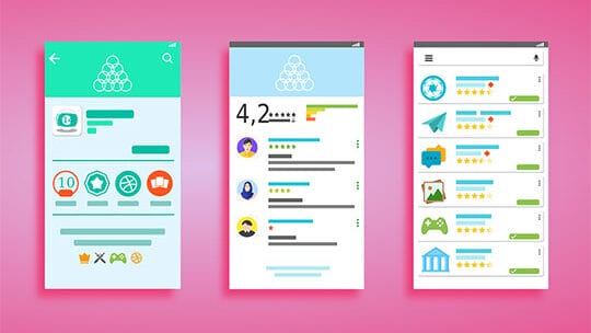Three mobile app interface mockups displayed side by side on a pink background, showing various icons, text, and rating elements.