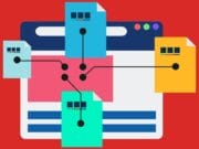 Illustration of a browser window with connected documents, representing data sharing or file management, on a red background.