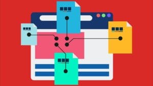 Illustration of a browser window with connected documents, representing data sharing or file management, on a red background.