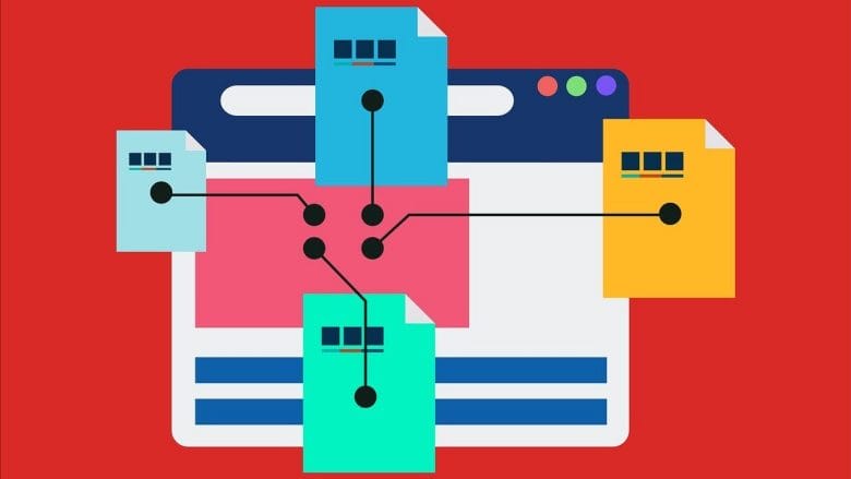 Illustration of a browser window with connected documents, representing data sharing or file management, on a red background.