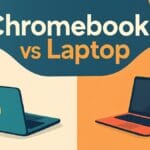 Illustration comparing a Chromebook and a traditional laptop, with Chromebook vs Laptop text above two open computers.