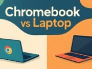 Illustration comparing a Chromebook and a traditional laptop, with Chromebook vs Laptop text above two open computers.