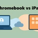 Illustration showing a Chromebook icon on the left and an iPad icon with a stylus on the right, labeled “Chromebook vs iPad.”.