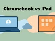 Illustration showing a Chromebook icon on the left and an iPad icon with a stylus on the right, labeled “Chromebook vs iPad.”.