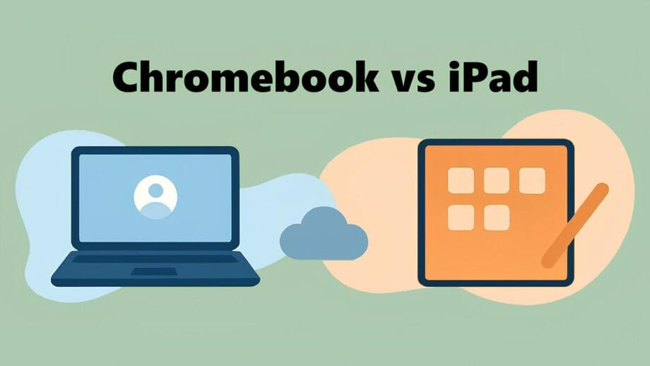 Illustration showing a Chromebook icon on the left and an iPad icon with a stylus on the right, labeled “Chromebook vs iPad.”.