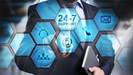 A businessperson in a suit selects a transparent screen with icons for 24/7 support, email, phone, and customer service.
