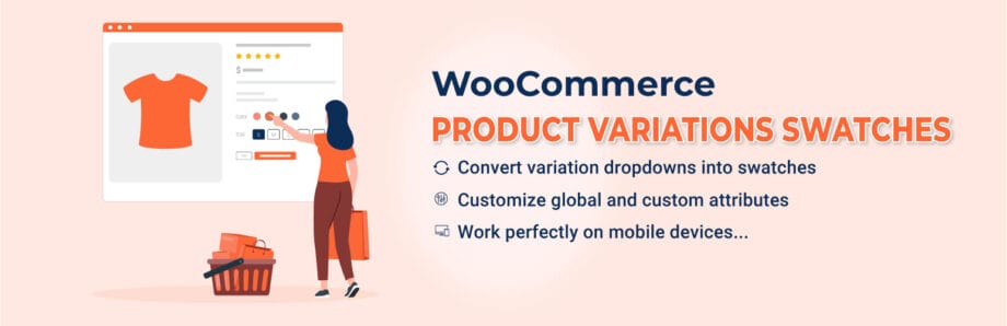 Illustration of a woman shopping online, with text promoting WooCommerce Product Variations Swatches and its main features.