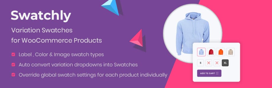 Banner for Swatchly showing variation swatches for WooCommerce, product options, a hoodie image, and key feature highlights.