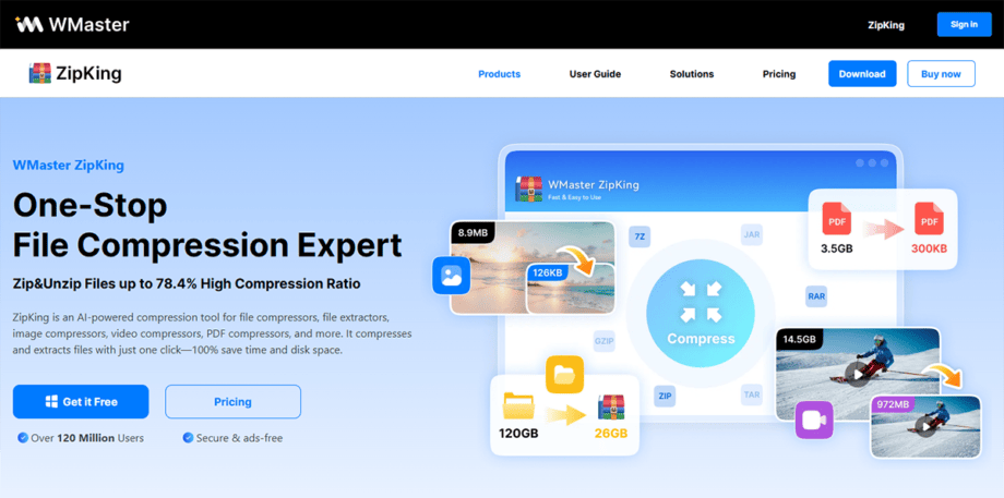 Screenshot of a website homepage for WMmaster ZipKing, advertising file compression and decompression tools, with download and sign-in buttons.