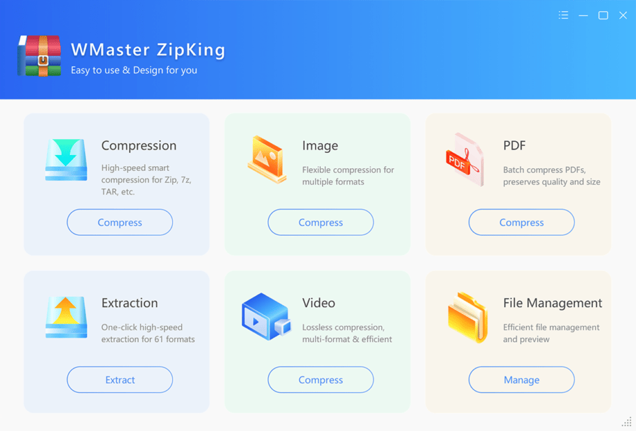 WMaster ZipKing dashboard with six options: Compression, Image, PDF, Extraction, Video, and File Management, each with a Manage or Compress button.