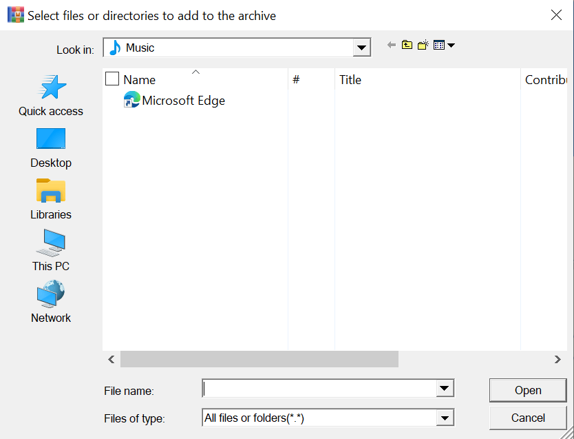 A file explorer window shows the Music folder open, with Microsoft Edge listed as a file. Navigation and file type options are visible.