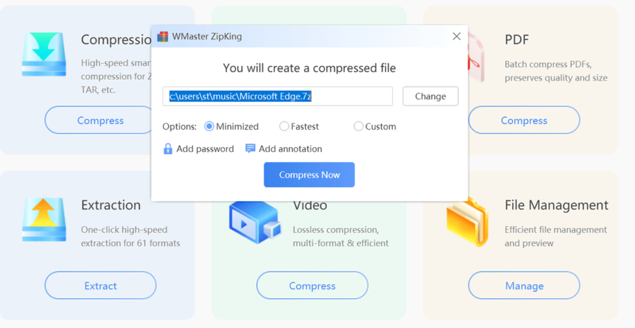 WMaster ZipKing software window displays a file path and options to create a compressed .7z file with compress options and file categories in the background.