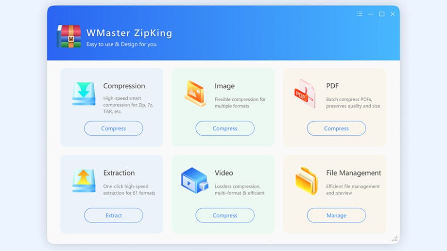 Software interface for WMaster ZipKing showing options for compression, extraction, image, video, PDF, and file management features.