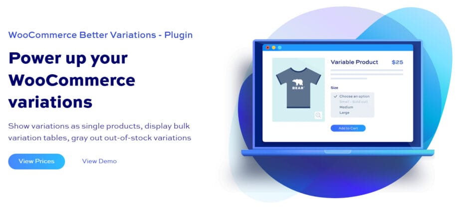 Laptop screen shows WooCommerce plugin for product variations; text promotes features like single products and bulk variation tables.