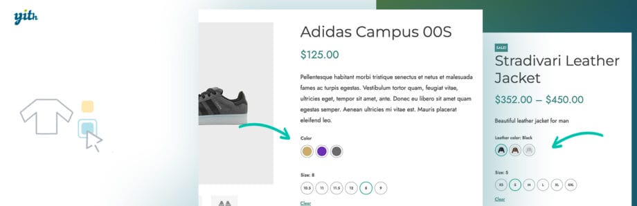 Screenshot of an online store interface displaying product details, color options, and sizing for shoes and a leather jacket.