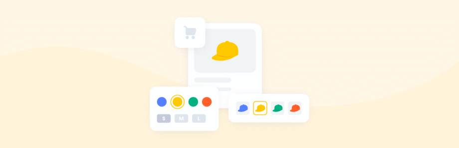 Illustration of online shopping interface showing a yellow hat, color options, and size selections.
