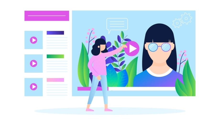 Illustration of a person pressing play on a large online video screen featuring another person with glasses, surrounded by plants and icons.