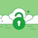 A green unlocked padlock in front of white cloud icons on a green background, symbolizing cloud security or access.