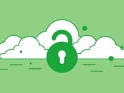 A green unlocked padlock in front of white cloud icons on a green background, symbolizing cloud security or access.