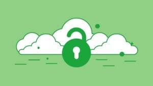 A green unlocked padlock in front of white cloud icons on a green background, symbolizing cloud security or access.