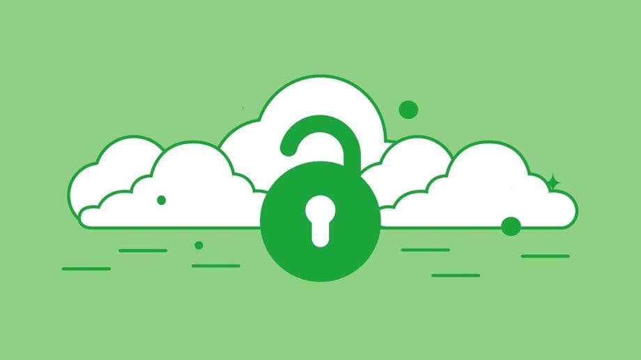 A green unlocked padlock in front of white cloud icons on a green background, symbolizing cloud security or access.