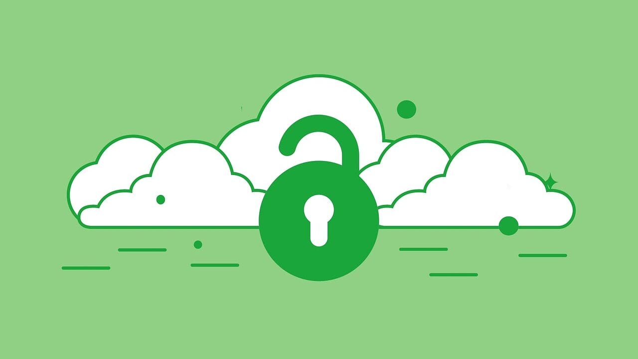 A green unlocked padlock in front of white cloud icons on a green background, symbolizing cloud security or access.