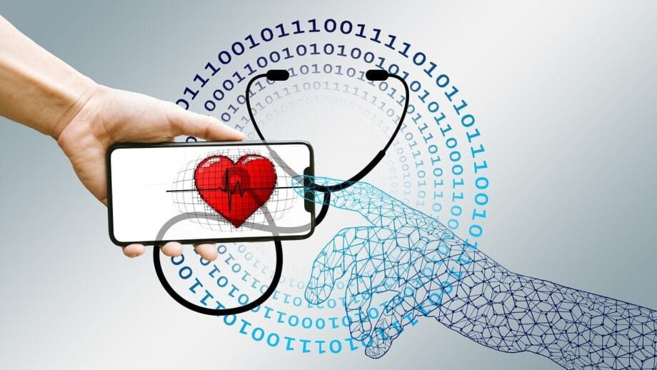 A human hand and a digital hand interact with a smartphone displaying a heart and stethoscope, surrounded by binary code.
