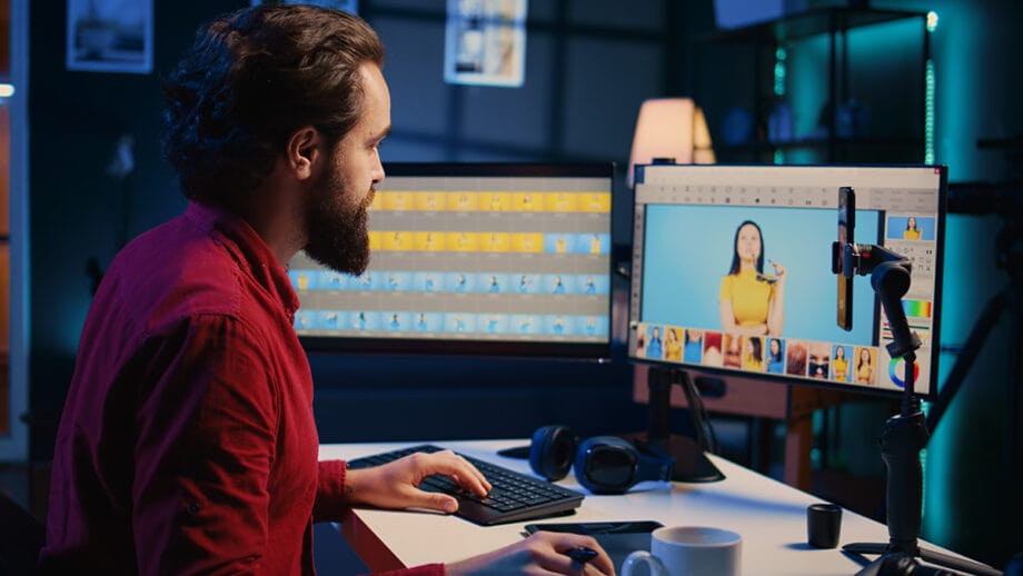 Man editing a video of a woman in yellow on a computer, with dual monitors, headphones, and a camera on the desk.