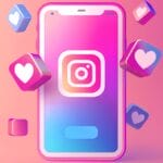 A smartphone displays the Instagram logo, surrounded by 3D heart icons on a pink and blue gradient background.